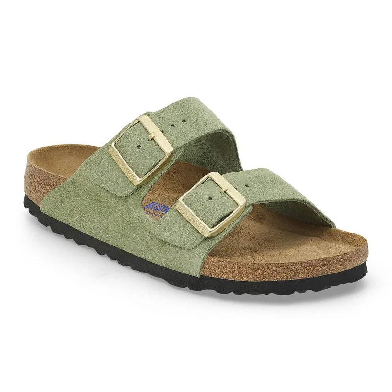 Birkenstock Arizona Soft Footbed in Green Tea Suede, Stone Coin Suede Leather & Russet Orange Available in Narrow Widths