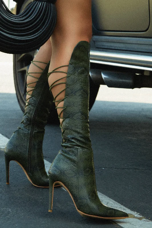 Eve Back Lace Up Knee High Boots - Green Snake