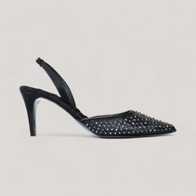 SOPHIA | Black Crystal Mesh - Slingback Pumps