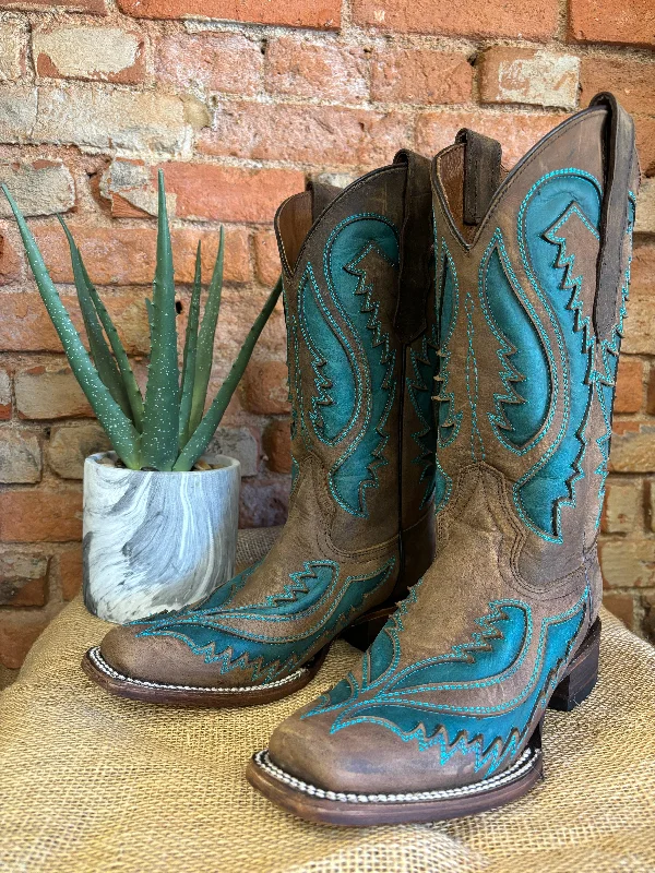 Circle G Women's Brown & Turquoise Inlay Square Toe Cowgirl Boots L6128